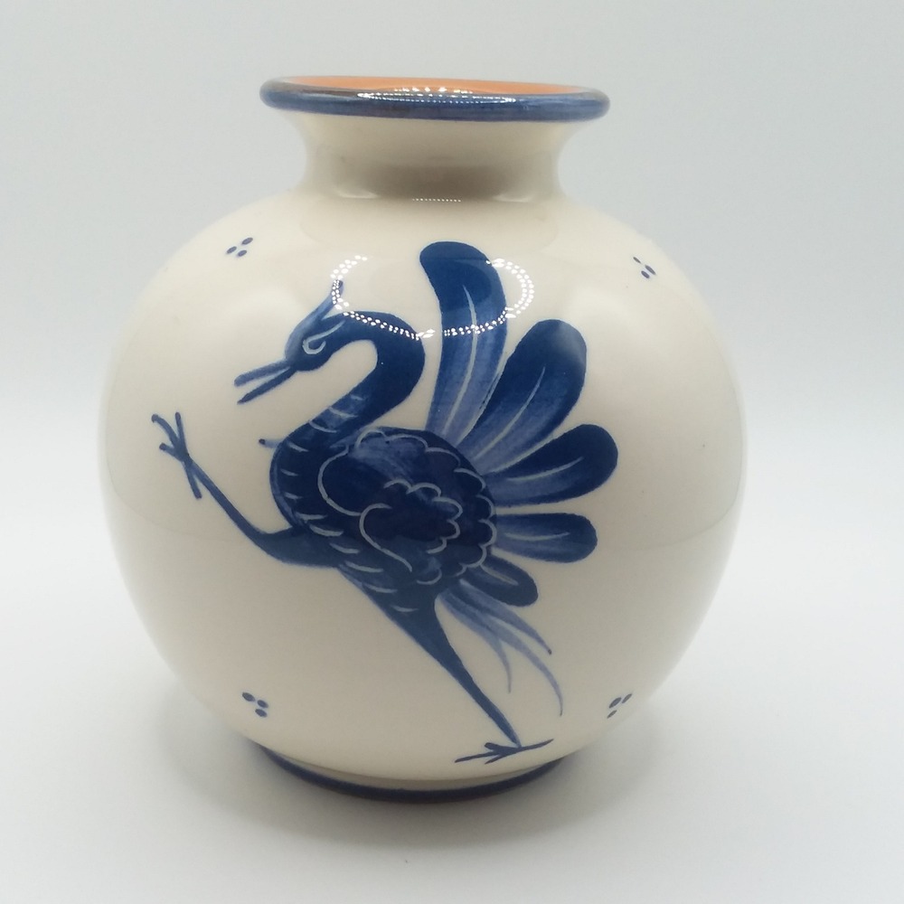 VTG Bulle Dubuis Bosshard Crane Peacock Blue Small Vase 4"Swiss Hand Painted HTF